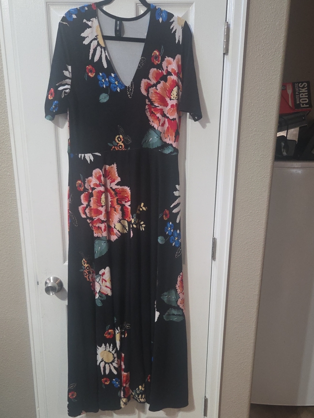 Agnes & Dora Black Floral V-Neck Maxi Dress with Pink and Blue Blooms
